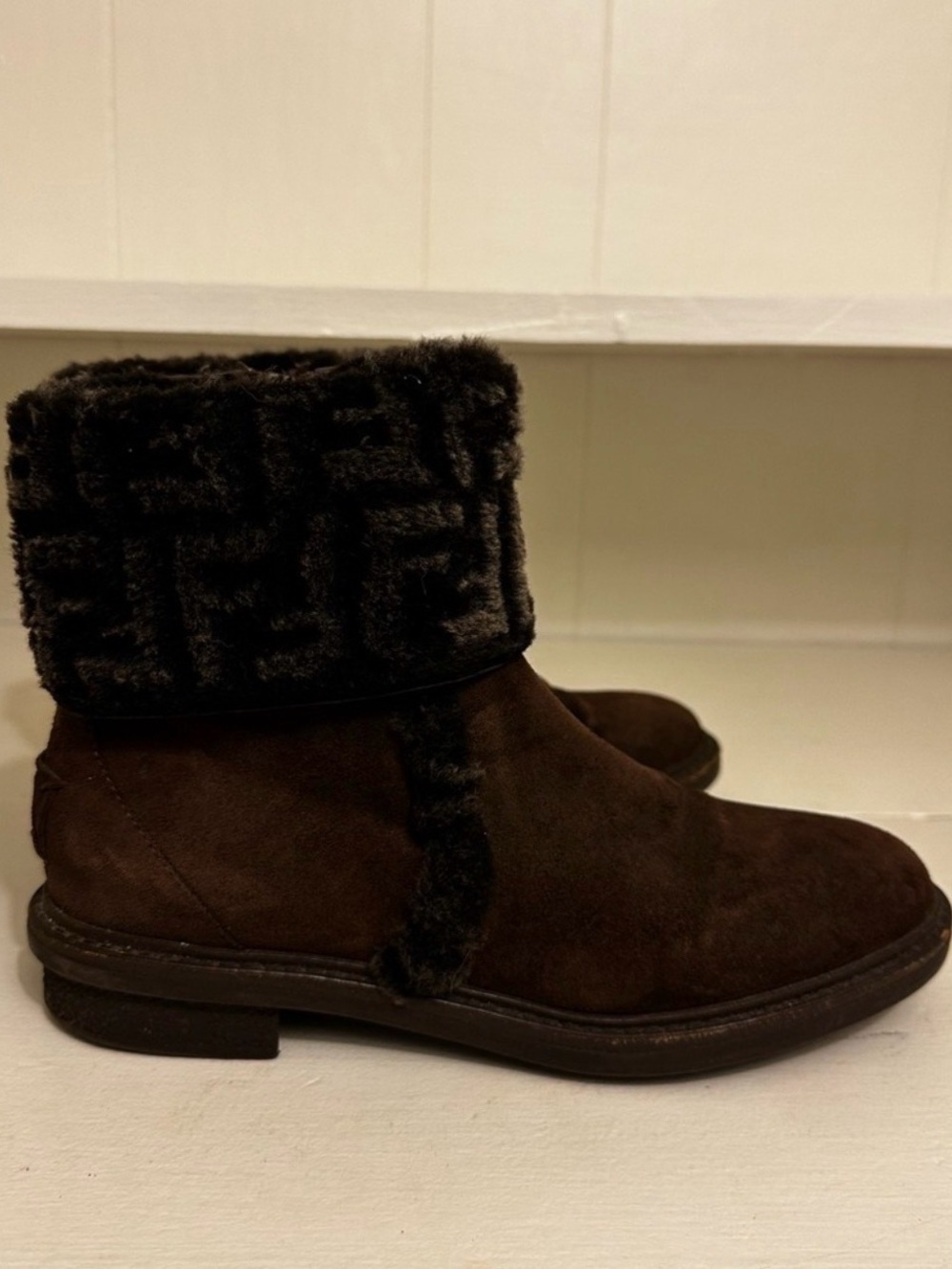 Fendi Zucca FF Logo Shearling Cuff Suede Ankle Boots Brown IT 36.5 US 5.5 - Picture 7 of 16